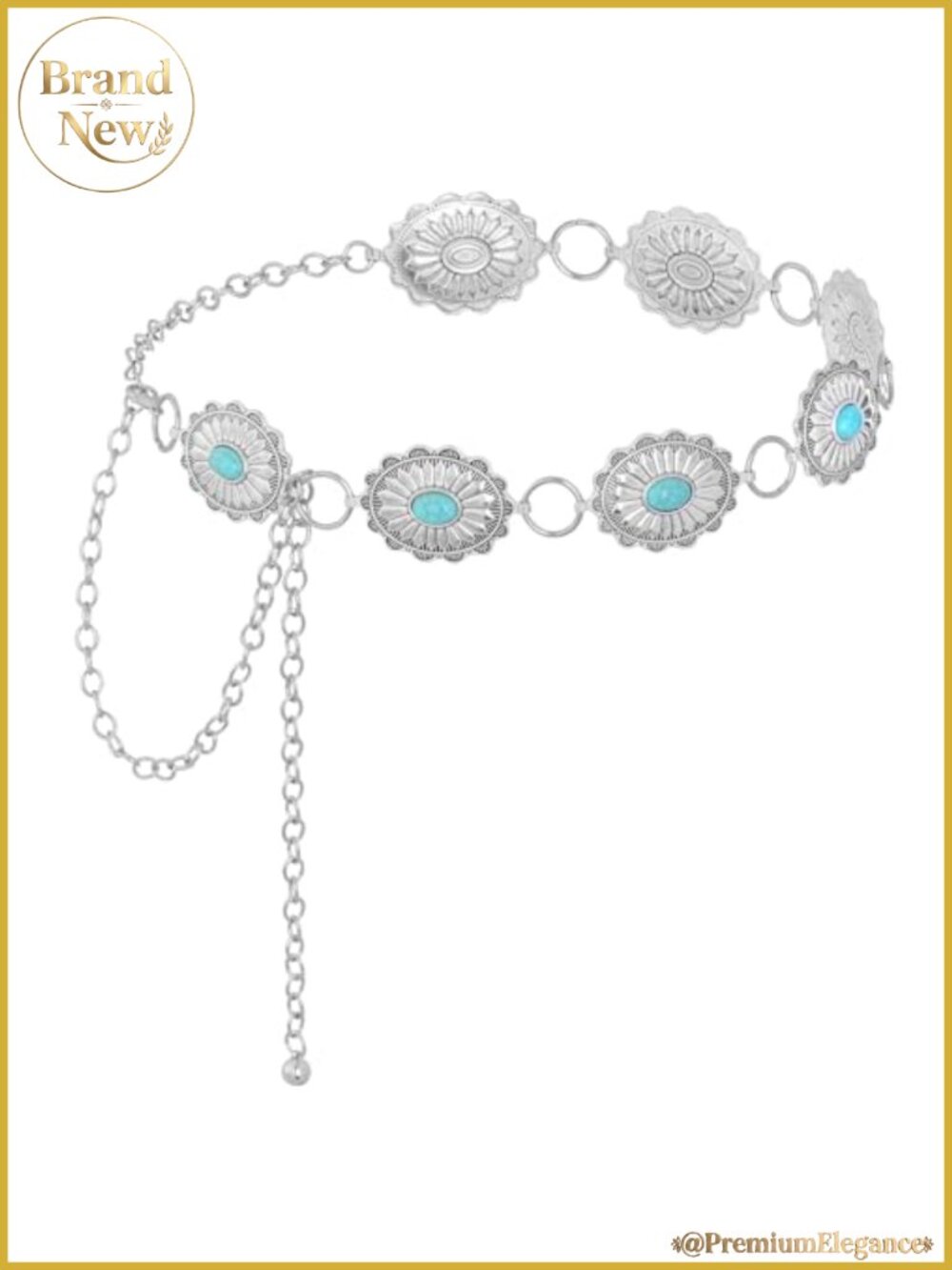 Women Western Turquoise Concho Chain Metal Waist Belt